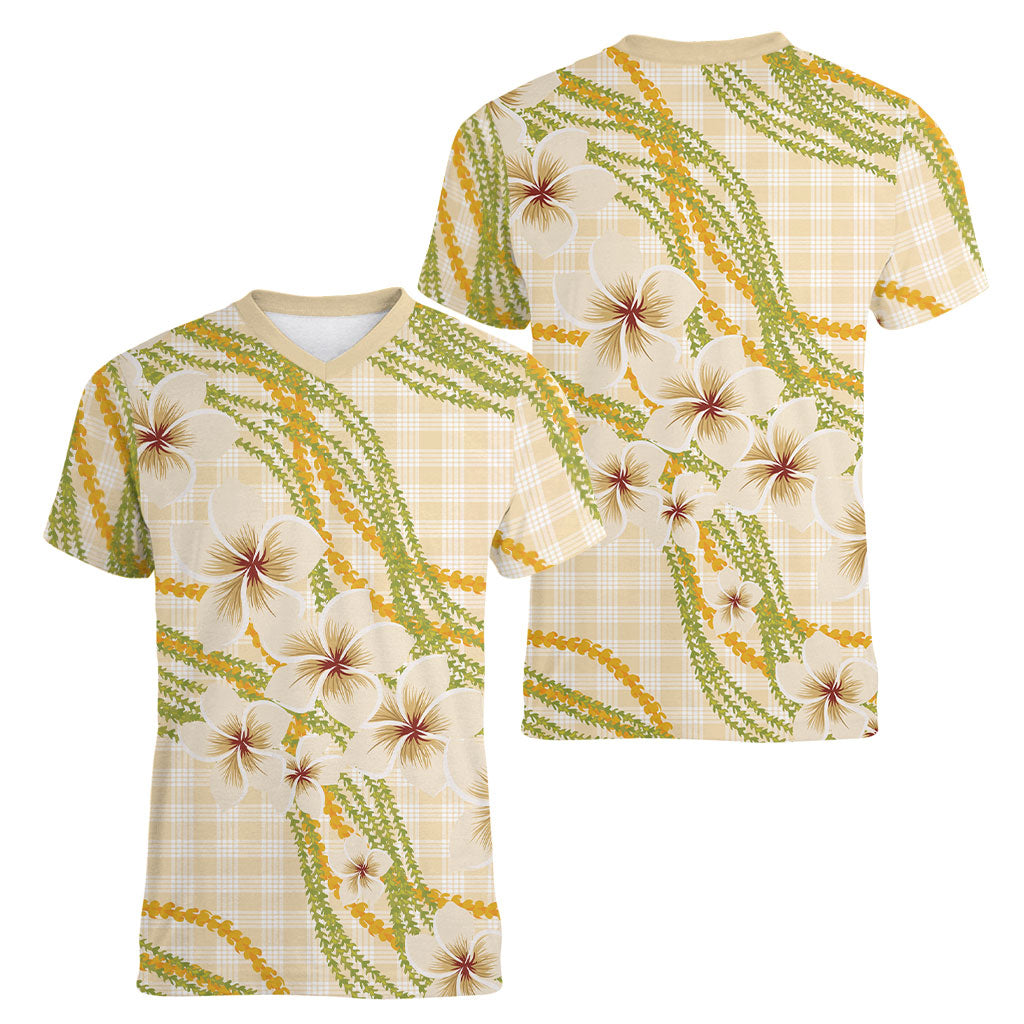 Melemele Ahiahia Hawai'i Palaka Plumeria Women V-Neck T-Shirt Puakenikeni and Maile Lei LT9 - Polynesian Pride