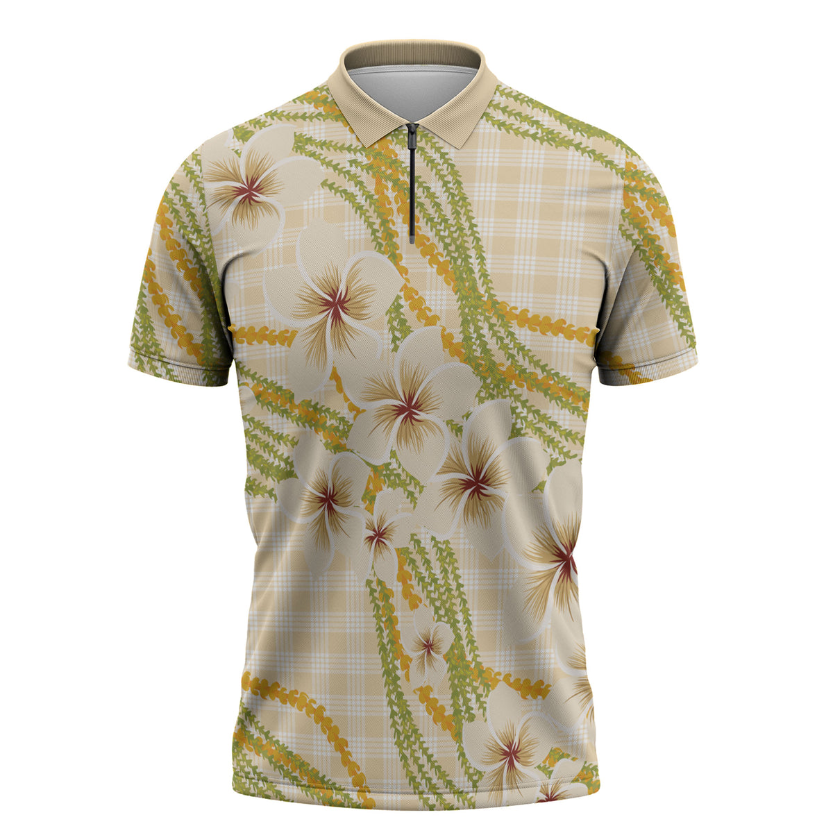 Melemele Ahiahia Hawai'i Palaka Plumeria Zipper Polo Shirt Puakenikeni and Maile Lei