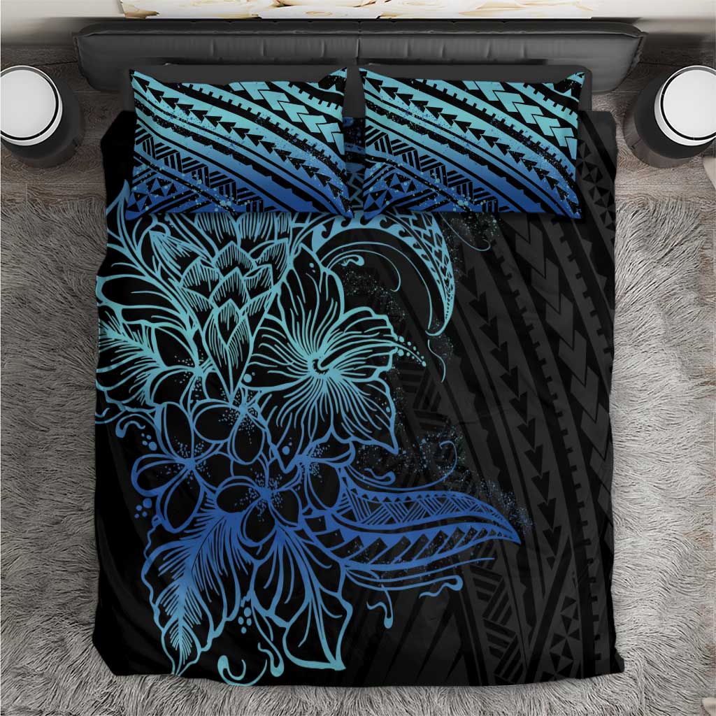 Floral Polynesian Hibiscus Tattoo Bedding Set Blue Gradient Style