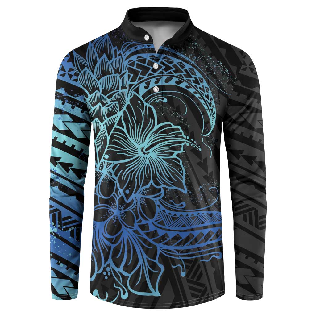 Floral Polynesian Hibiscus Tattoo Button Sweatshirt Blue Gradient Style LT9 Blue - Polynesian Pride
