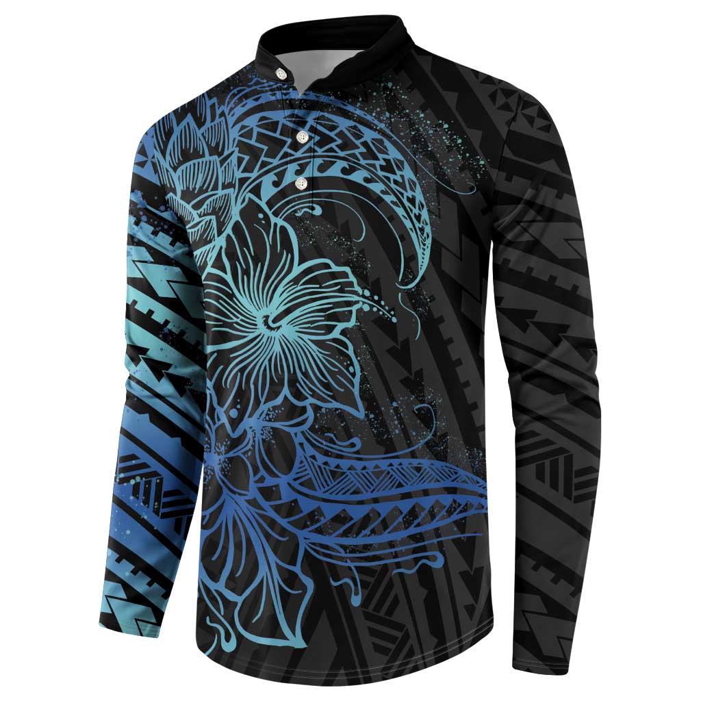 Floral Polynesian Hibiscus Tattoo Button Sweatshirt Blue Gradient Style LT9 - Polynesian Pride