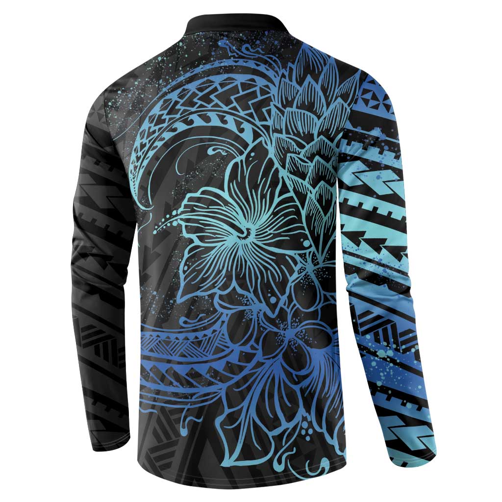 Floral Polynesian Hibiscus Tattoo Button Sweatshirt Blue Gradient Style LT9 - Polynesian Pride