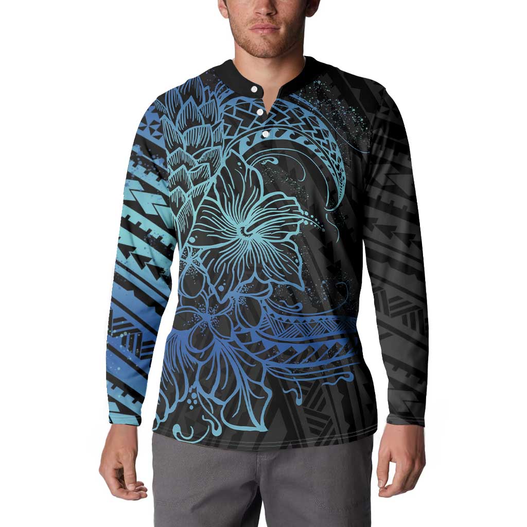 Floral Polynesian Hibiscus Tattoo Button Sweatshirt Blue Gradient Style LT9 - Polynesian Pride
