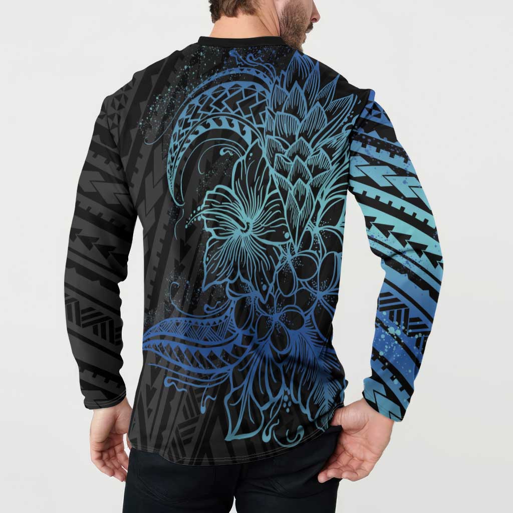 Floral Polynesian Hibiscus Tattoo Button Sweatshirt Blue Gradient Style LT9 - Polynesian Pride