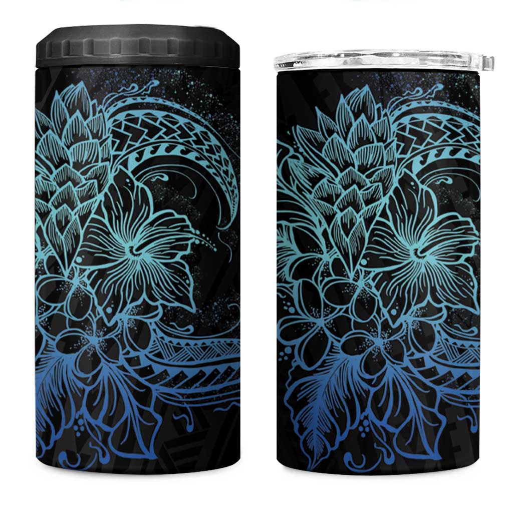 Floral Polynesian Hibiscus Tattoo Can Cooler Tumbler Blue Gradient Style