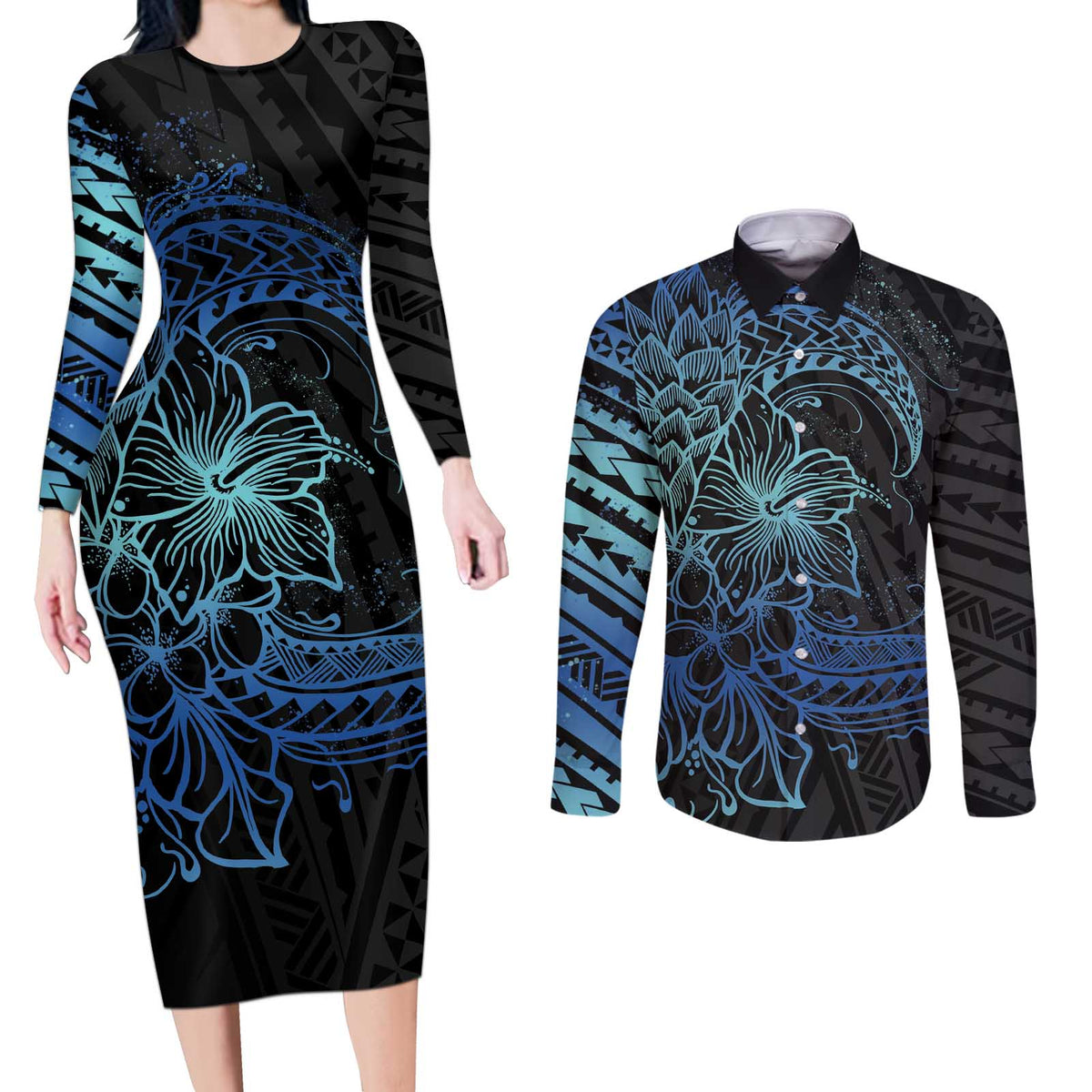 Floral Polynesian Hibiscus Tattoo Couples Matching Long Sleeve Bodycon Dress and Long Sleeve Button Shirt Blue Gradient Style LT9 Blue - Polynesian Pride