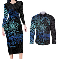 Floral Polynesian Hibiscus Tattoo Couples Matching Long Sleeve Bodycon Dress and Long Sleeve Button Shirt Blue Gradient Style LT9 Blue - Polynesian Pride