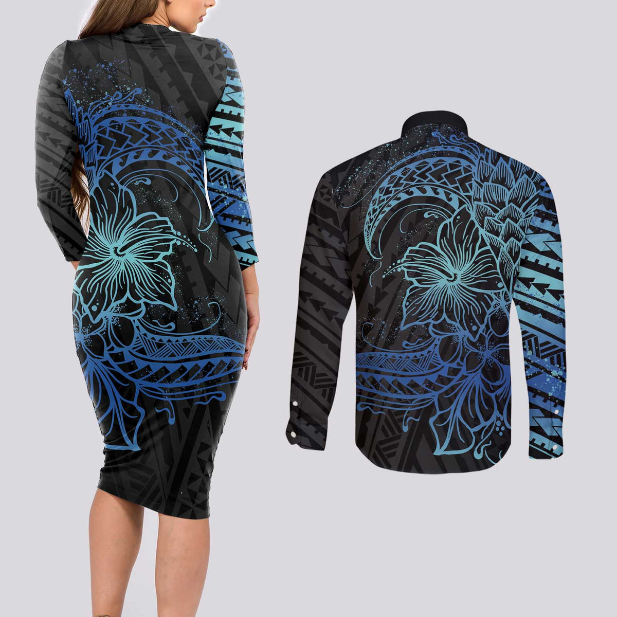 Floral Polynesian Hibiscus Tattoo Couples Matching Long Sleeve Bodycon Dress and Long Sleeve Button Shirt Blue Gradient Style LT9 - Polynesian Pride
