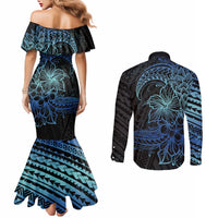 Floral Polynesian Hibiscus Tattoo Couples Matching Mermaid Dress and Long Sleeve Button Shirt Blue Gradient Style LT9 - Polynesian Pride