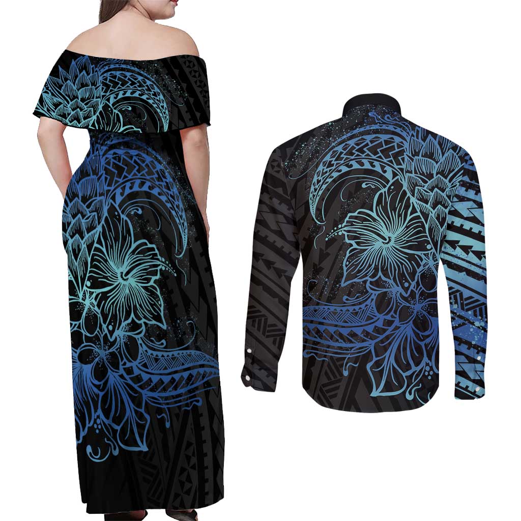 Floral Polynesian Hibiscus Tattoo Couples Matching Off Shoulder Maxi Dress and Long Sleeve Button Shirt Blue Gradient Style LT9 - Polynesian Pride