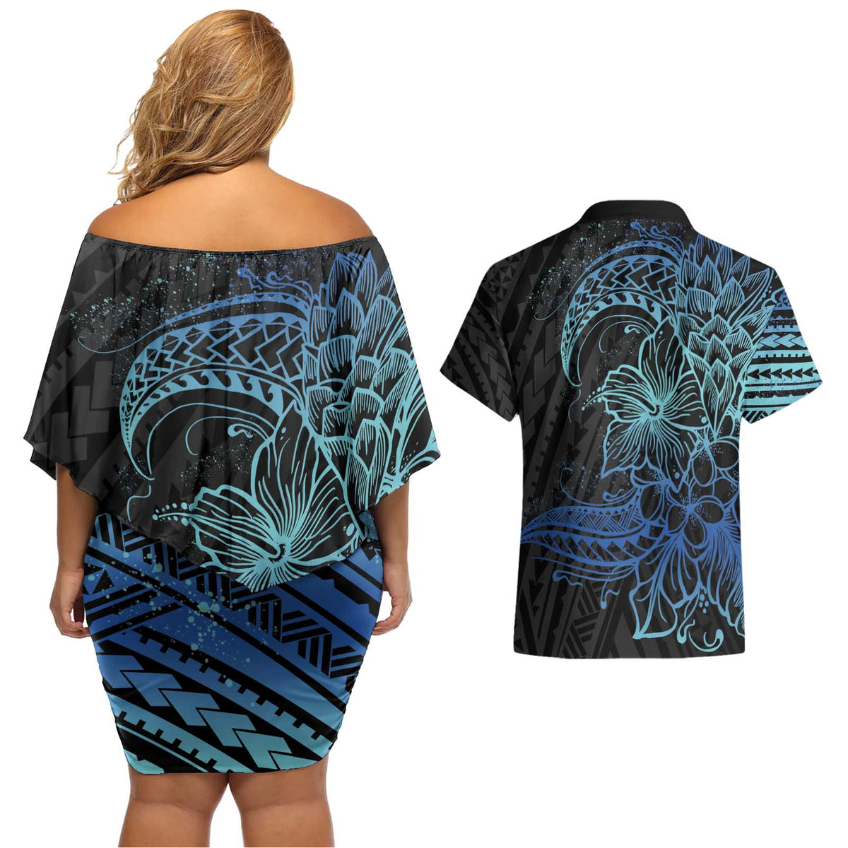 Floral Polynesian Hibiscus Tattoo Couples Matching Off Shoulder Short Dress and Hawaiian Shirt Blue Gradient Style LT9 - Polynesian Pride