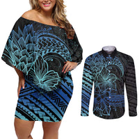 Floral Polynesian Hibiscus Tattoo Couples Matching Off Shoulder Short Dress and Long Sleeve Button Shirt Blue Gradient Style LT9 Blue - Polynesian Pride