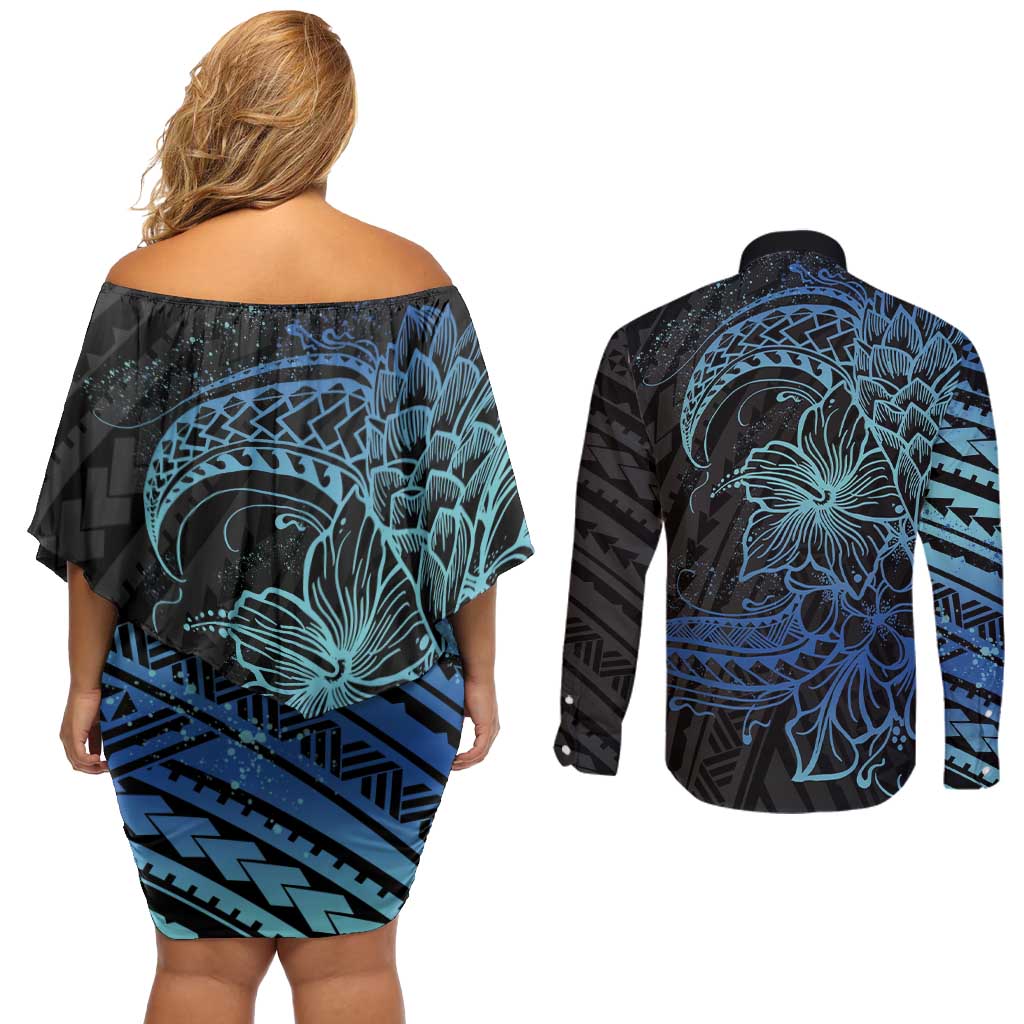 Floral Polynesian Hibiscus Tattoo Couples Matching Off Shoulder Short Dress and Long Sleeve Button Shirt Blue Gradient Style LT9 - Polynesian Pride