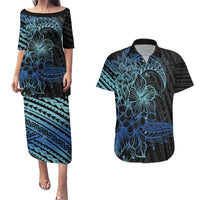Floral Polynesian Hibiscus Tattoo Couples Matching Puletasi and Hawaiian Shirt Blue Gradient Style LT9 Blue - Polynesian Pride