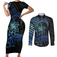 Floral Polynesian Hibiscus Tattoo Couples Matching Short Sleeve Bodycon Dress and Long Sleeve Button Shirt Blue Gradient Style LT9 Blue - Polynesian Pride