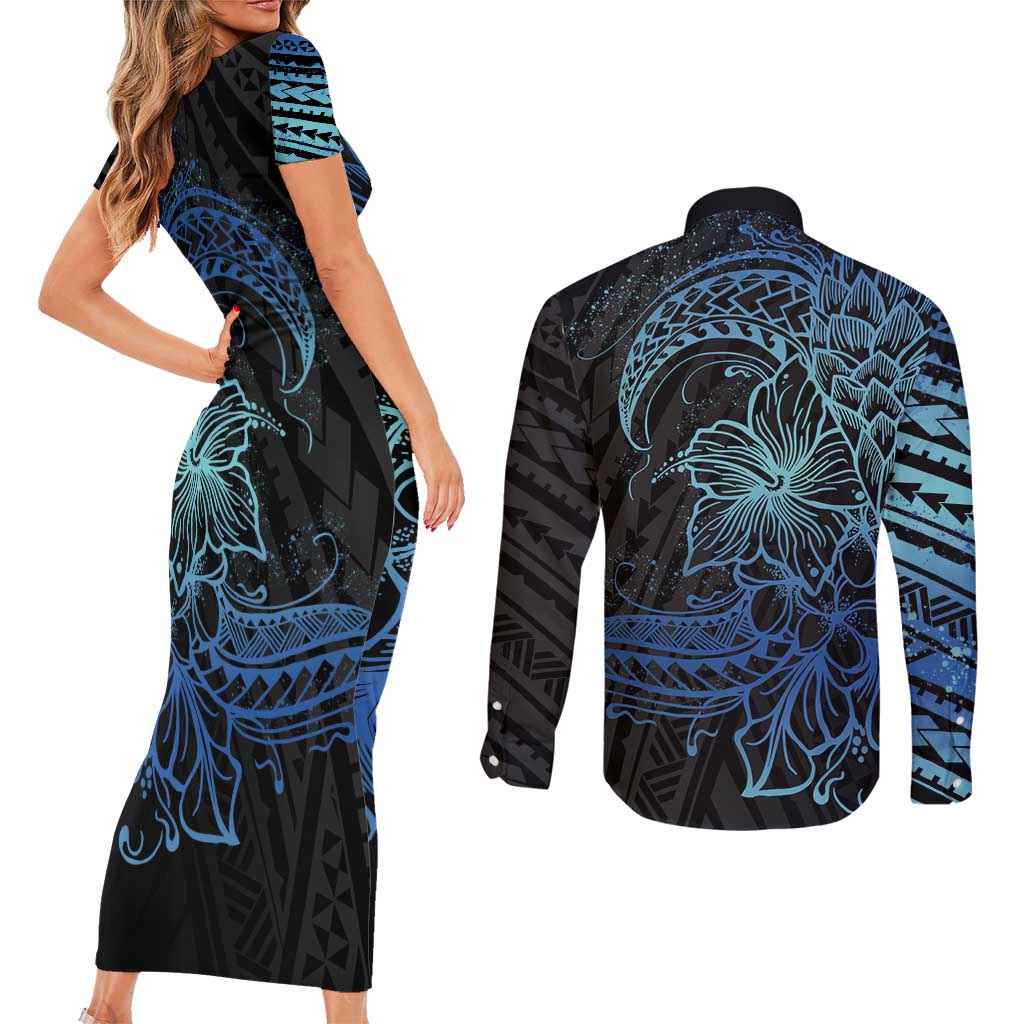 Floral Polynesian Hibiscus Tattoo Couples Matching Short Sleeve Bodycon Dress and Long Sleeve Button Shirt Blue Gradient Style LT9 - Polynesian Pride