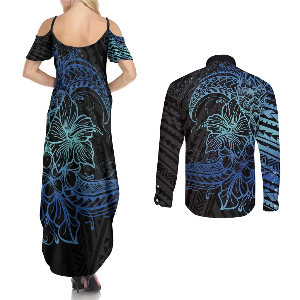 Floral Polynesian Hibiscus Tattoo Couples Matching Summer Maxi Dress and Long Sleeve Button Shirt Blue Gradient Style LT9 - Polynesian Pride