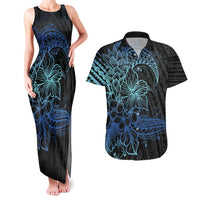 Floral Polynesian Hibiscus Tattoo Couples Matching Tank Maxi Dress and Hawaiian Shirt Blue Gradient Style LT9 Blue - Polynesian Pride