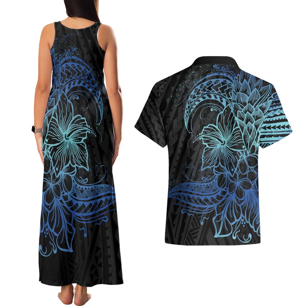 Floral Polynesian Hibiscus Tattoo Couples Matching Tank Maxi Dress and Hawaiian Shirt Blue Gradient Style LT9 - Polynesian Pride