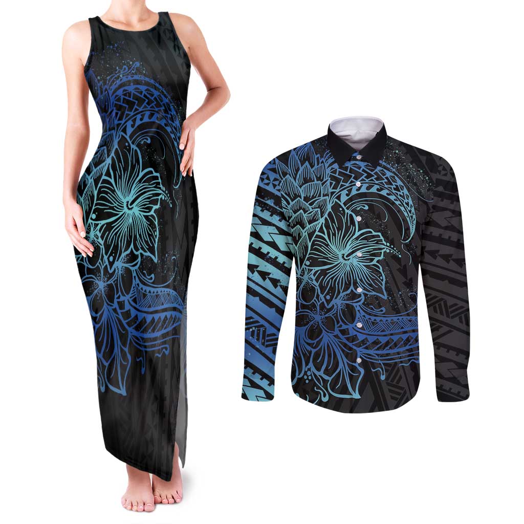 Floral Polynesian Hibiscus Tattoo Couples Matching Tank Maxi Dress and Long Sleeve Button Shirt Blue Gradient Style LT9 Blue - Polynesian Pride