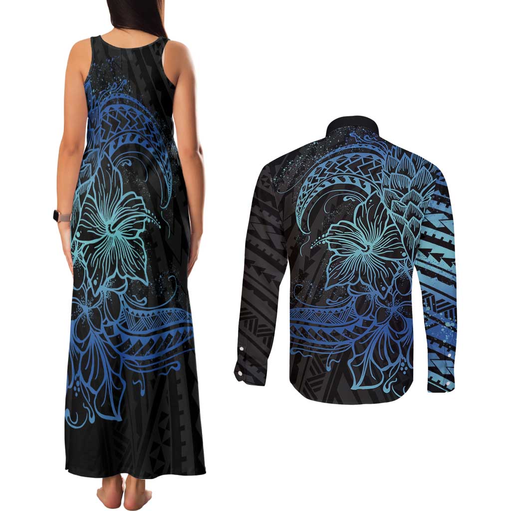 Floral Polynesian Hibiscus Tattoo Couples Matching Tank Maxi Dress and Long Sleeve Button Shirt Blue Gradient Style LT9 - Polynesian Pride