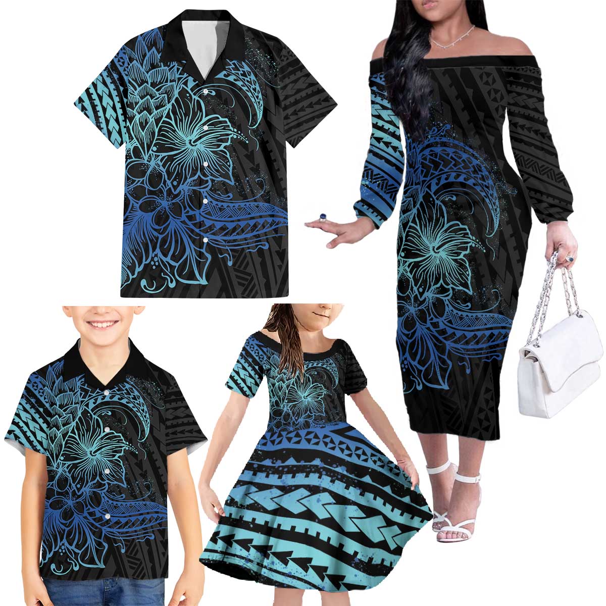 Floral Polynesian Hibiscus Tattoo Family Matching Off The Shoulder Long Sleeve Dress and Hawaiian Shirt Blue Gradient Style