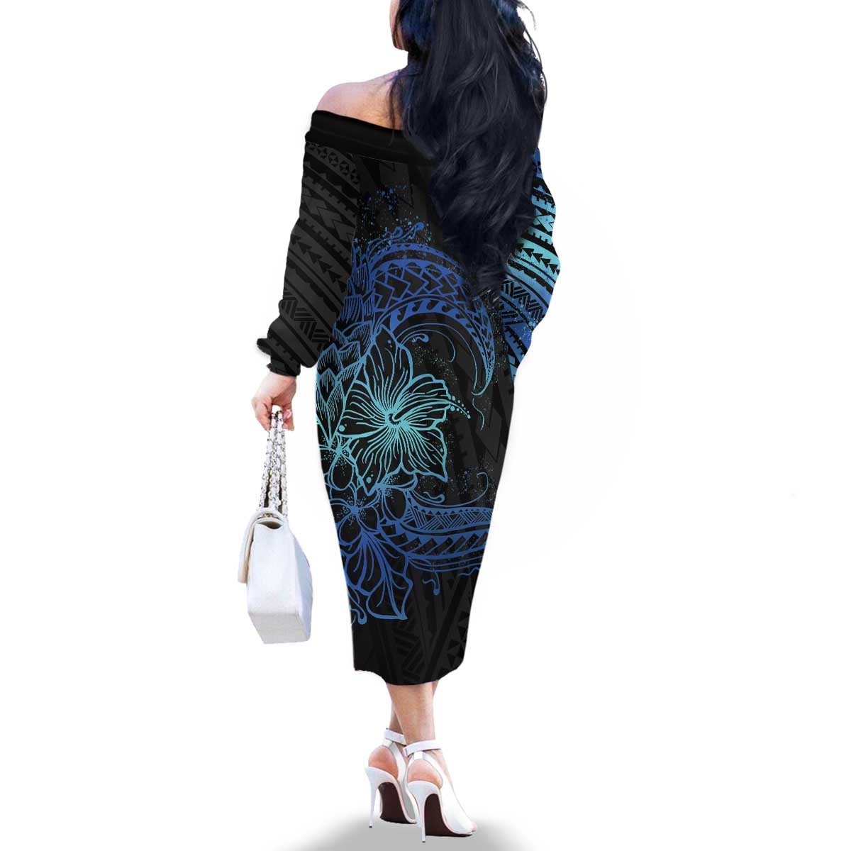 Floral Polynesian Hibiscus Tattoo Family Matching Off The Shoulder Long Sleeve Dress and Hawaiian Shirt Blue Gradient Style