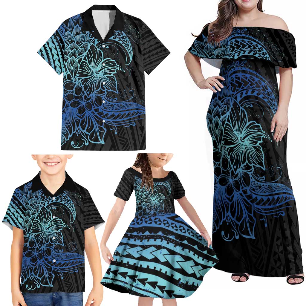 Floral Polynesian Hibiscus Tattoo Family Matching Off Shoulder Maxi Dress and Hawaiian Shirt Blue Gradient Style