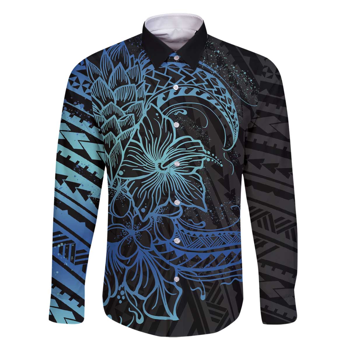 Floral Polynesian Hibiscus Tattoo Family Matching Off Shoulder Short Dress and Hawaiian Shirt Blue Gradient Style LT9 Dad's Shirt - Long Sleeve Blue - Polynesian Pride