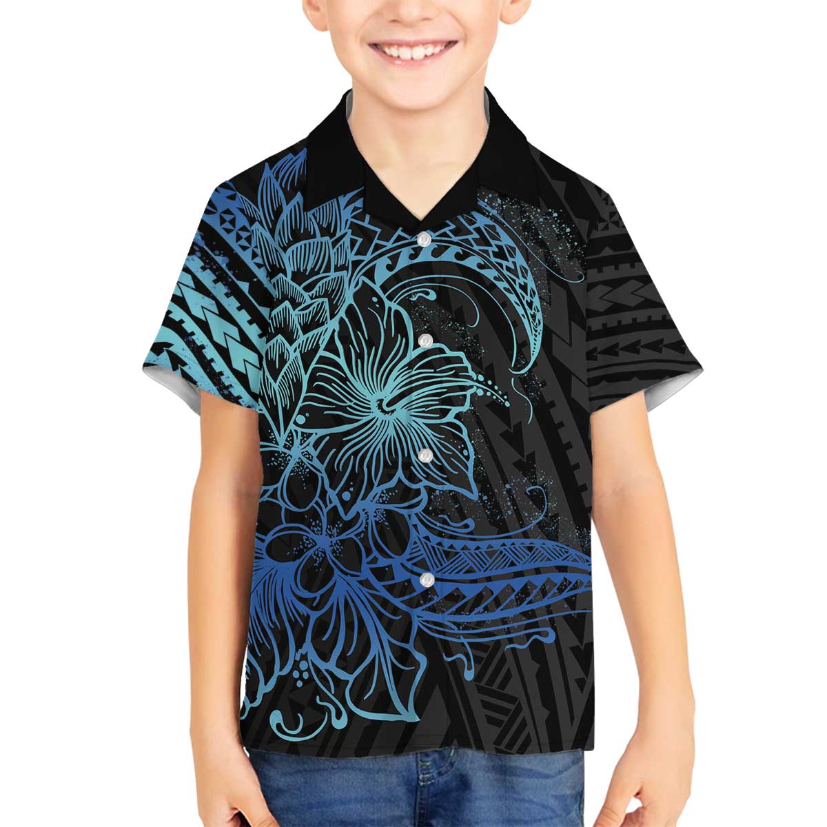 Floral Polynesian Hibiscus Tattoo Family Matching Off Shoulder Short Dress and Hawaiian Shirt Blue Gradient Style LT9 Son's Shirt Blue - Polynesian Pride