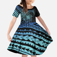 Floral Polynesian Hibiscus Tattoo Family Matching Puletasi and Hawaiian Shirt Blue Gradient Style LT9 Daughter's Dress Blue - Polynesian Pride