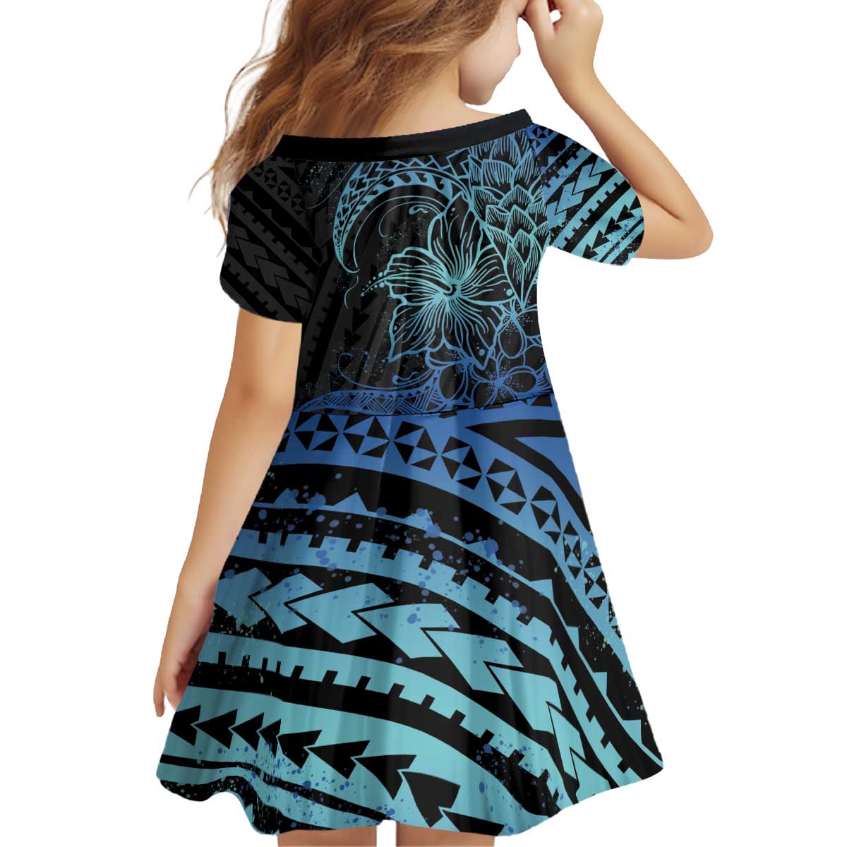 Floral Polynesian Hibiscus Tattoo Family Matching Puletasi and Hawaiian Shirt Blue Gradient Style LT9 - Polynesian Pride