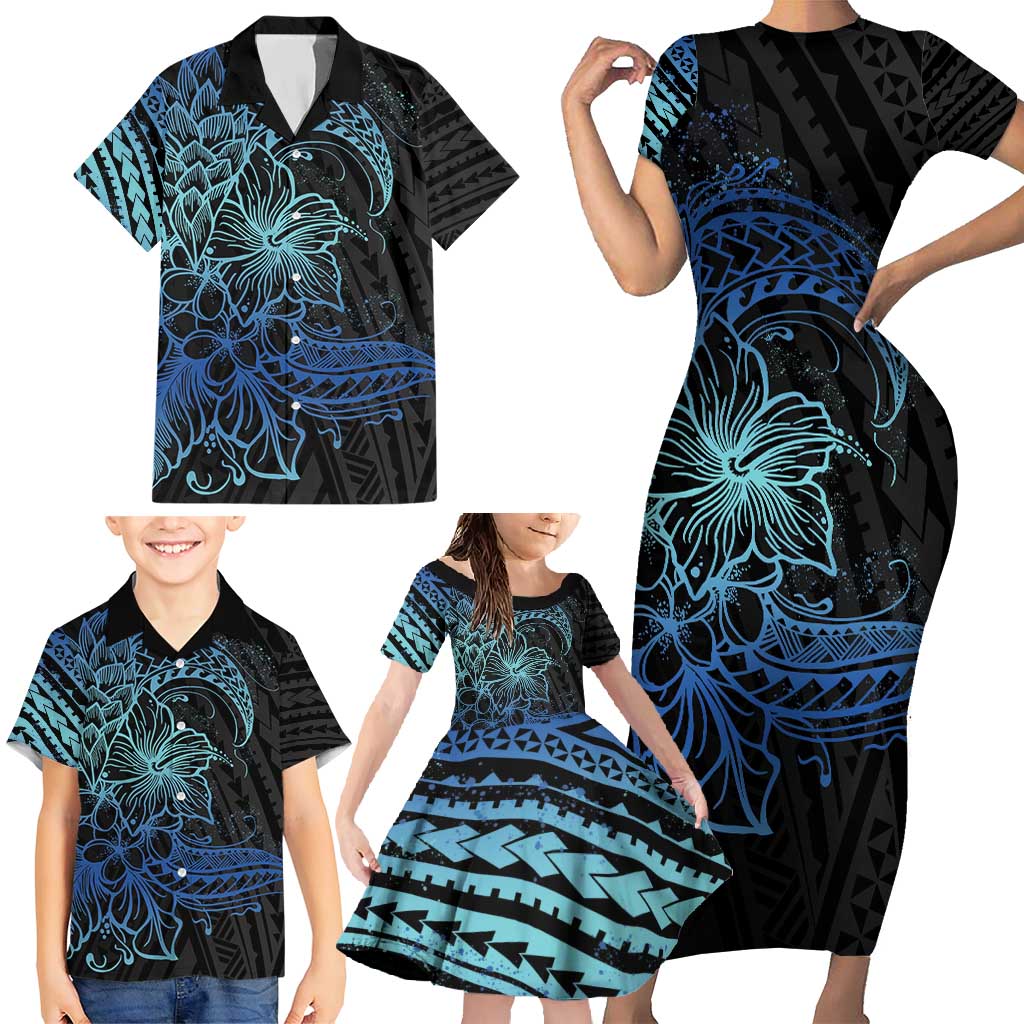 Floral Polynesian Hibiscus Tattoo Family Matching Short Sleeve Bodycon Dress and Hawaiian Shirt Blue Gradient Style