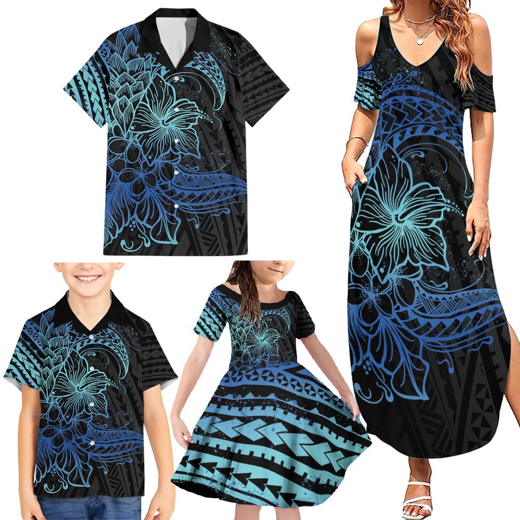 Floral Polynesian Hibiscus Tattoo Family Matching Summer Maxi Dress and Hawaiian Shirt Blue Gradient Style