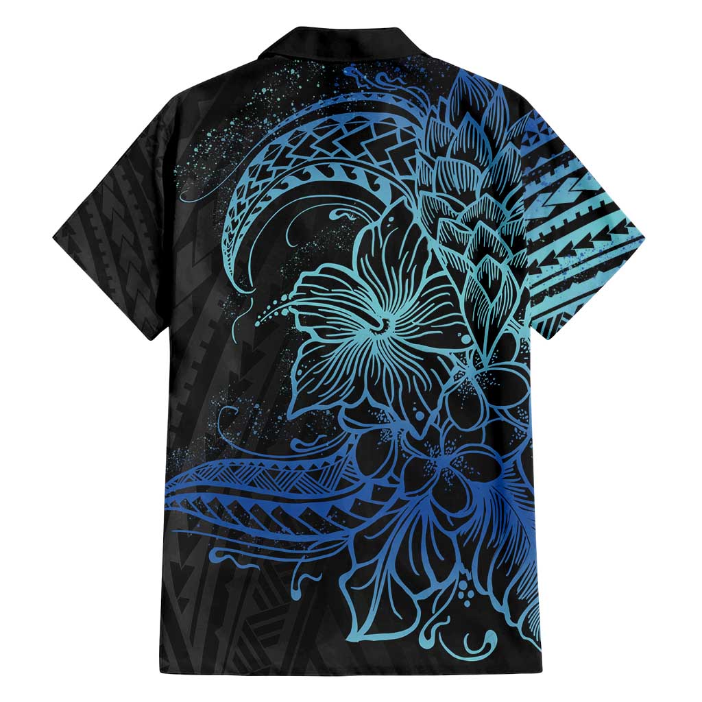 Floral Polynesian Hibiscus Tattoo Family Matching Tank Maxi Dress and Hawaiian Shirt Blue Gradient Style