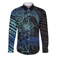 Floral Polynesian Hibiscus Tattoo Family Matching Tank Maxi Dress and Hawaiian Shirt Blue Gradient Style
