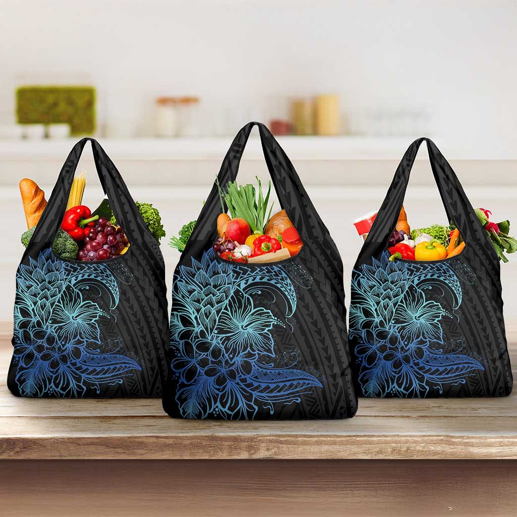 Floral Polynesian Hibiscus Tattoo Grocery Bag Blue Gradient Style LT9 3-pack One Size Blue - Polynesian Pride