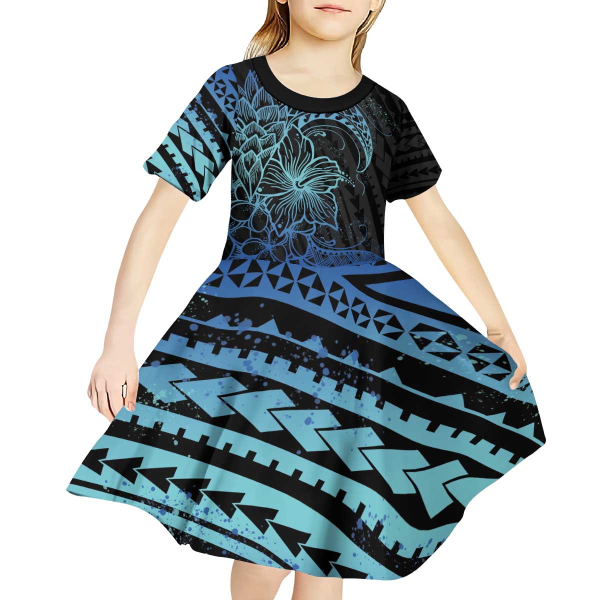 Floral Polynesian Hibiscus Tattoo Kid Short Sleeve Dress Blue Gradient Style