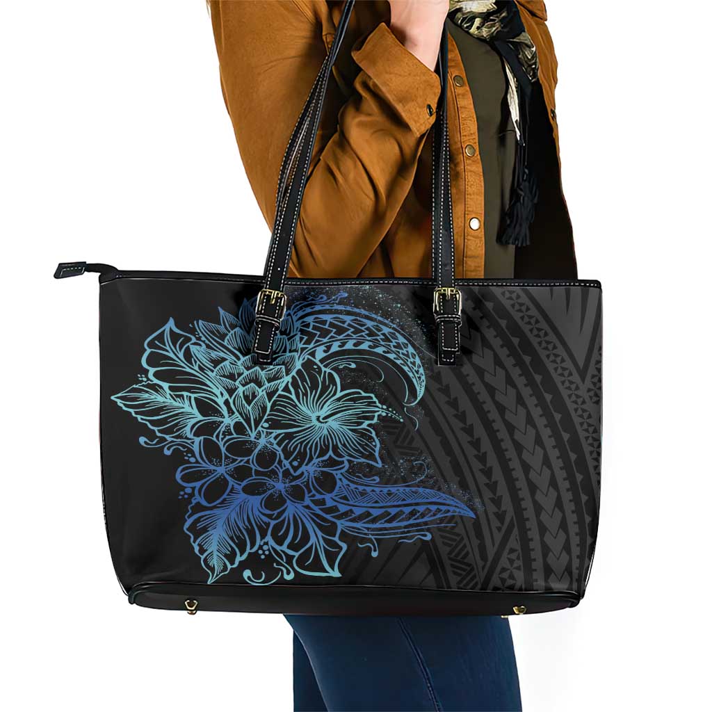 Floral Polynesian Hibiscus Tattoo Leather Tote Bag Blue Gradient Style LT9 - Polynesian Pride