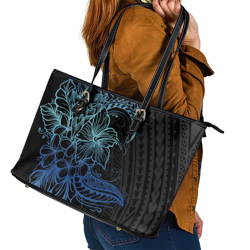 Floral Polynesian Hibiscus Tattoo Leather Tote Bag Blue Gradient Style LT9 - Polynesian Pride
