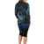 Floral Polynesian Hibiscus Tattoo Long Sleeve Bodycon Dress Blue Gradient Style