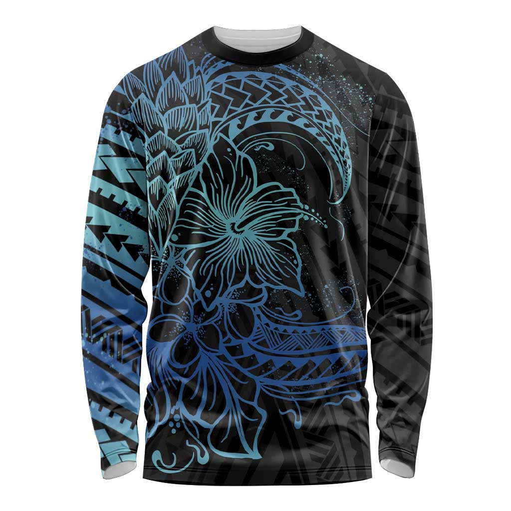 Floral Polynesian Hibiscus Tattoo Long Sleeve Shirt Blue Gradient Style