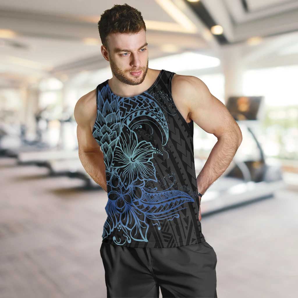 Floral Polynesian Hibiscus Tattoo Men Tank Top Blue Gradient Style