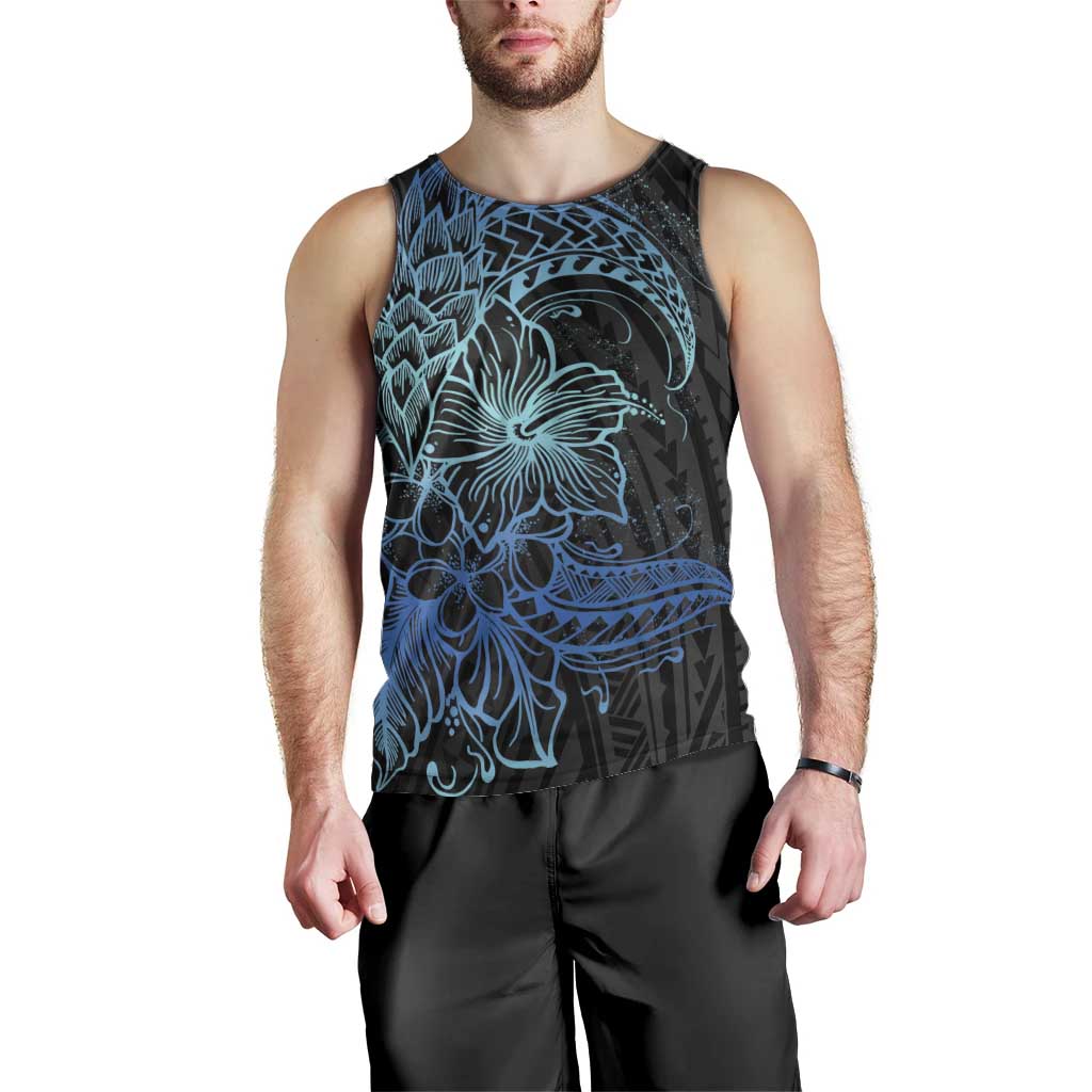 Floral Polynesian Hibiscus Tattoo Men Tank Top Blue Gradient Style LT9 - Polynesian Pride