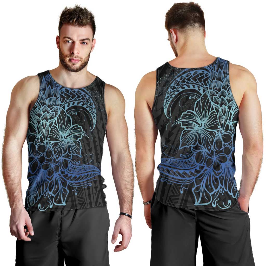 Floral Polynesian Hibiscus Tattoo Men Tank Top Blue Gradient Style LT9 - Polynesian Pride