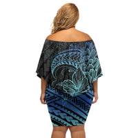 Floral Polynesian Hibiscus Tattoo Off Shoulder Short Dress Blue Gradient Style LT9 - Polynesian Pride