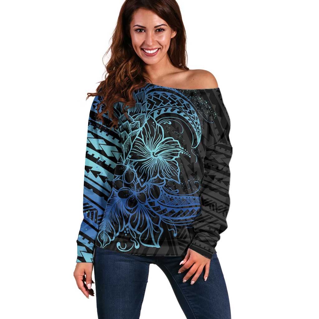 Floral Polynesian Hibiscus Tattoo Off Shoulder Sweater Blue Gradient Style