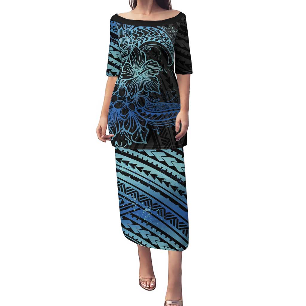 Floral Polynesian Hibiscus Tattoo Puletasi Blue Gradient Style LT9 Long Dress Blue - Polynesian Pride