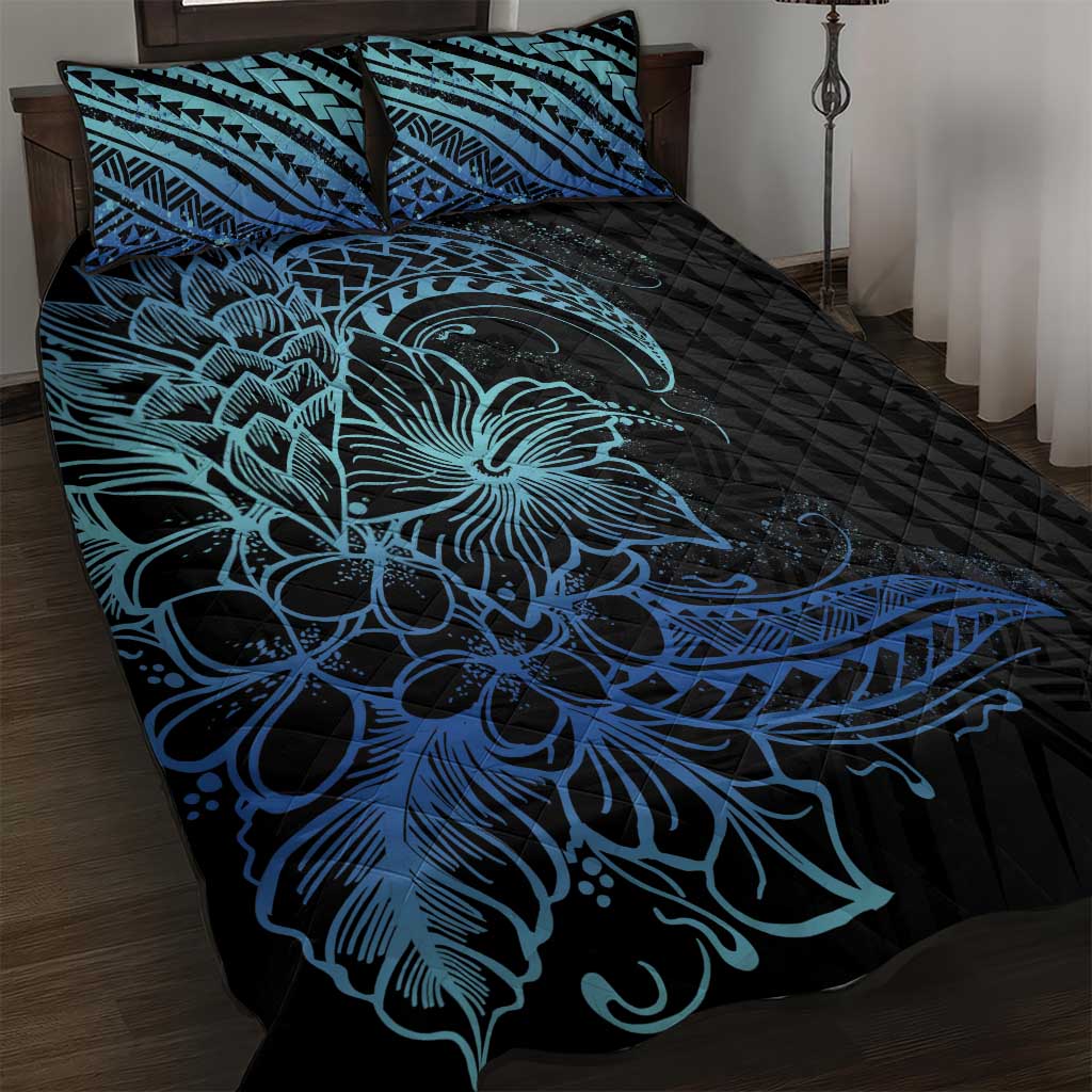 Floral Polynesian Hibiscus Tattoo Quilt Bed Set Blue Gradient Style