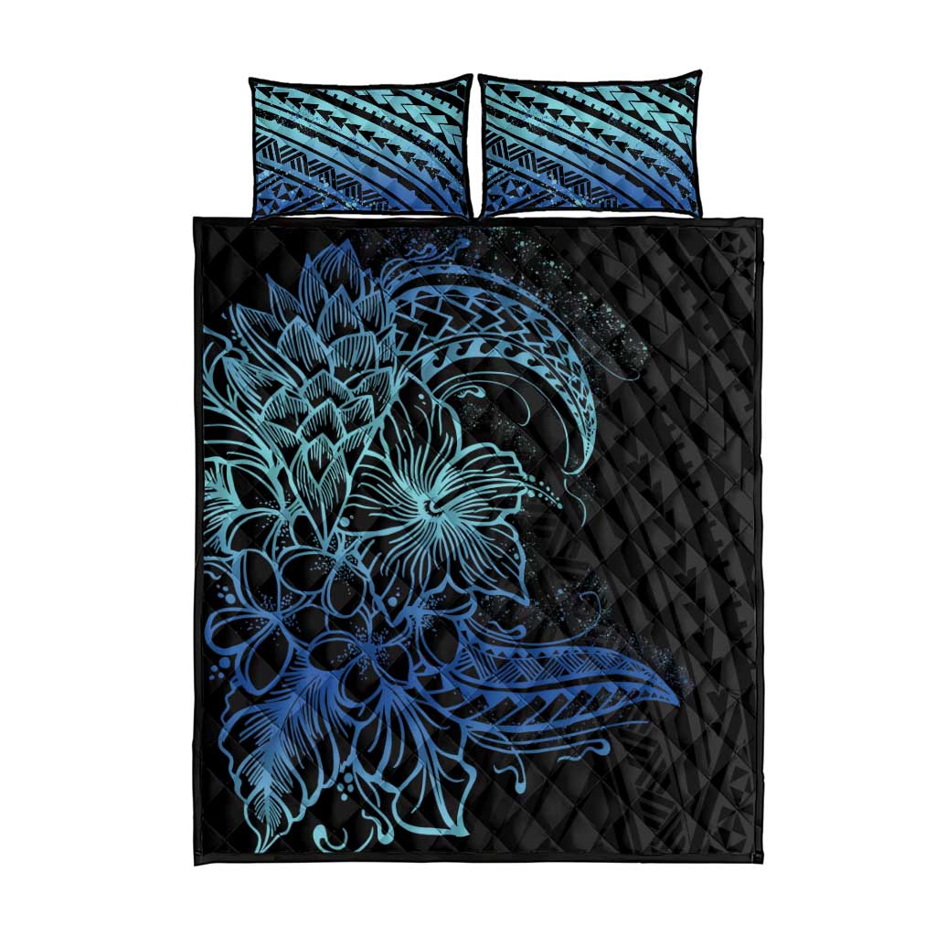 Floral Polynesian Hibiscus Tattoo Quilt Bed Set Blue Gradient Style LT9 - Polynesian Pride
